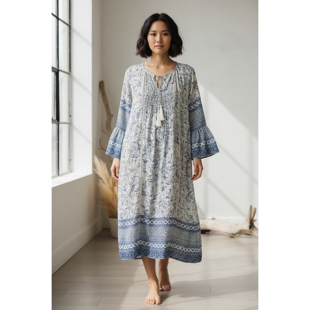 eShakti Bohemian Floral Peasant Midi Dress Large Bell Sleeve Tassel Blue